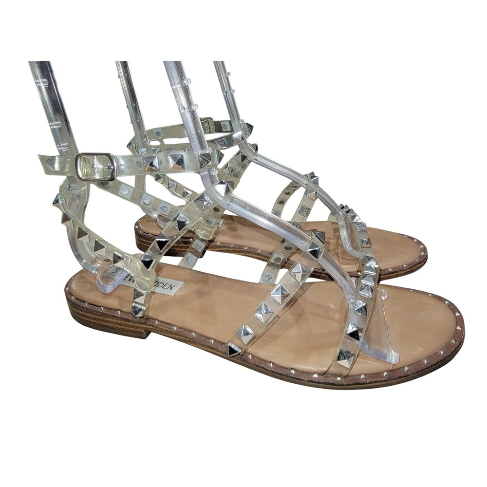 Steve Madden Sandals Womens 8 M Travel Studded Casual Ankle‎ Strappy Flats Brown